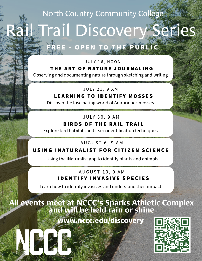 The Rail Trail Discovery Series is open to the public and designed for nature enthusiasts of all experience levels. A flyer listing the programs in the Rail Trail Discovery Series set against a photo showing the trail, woods, and water