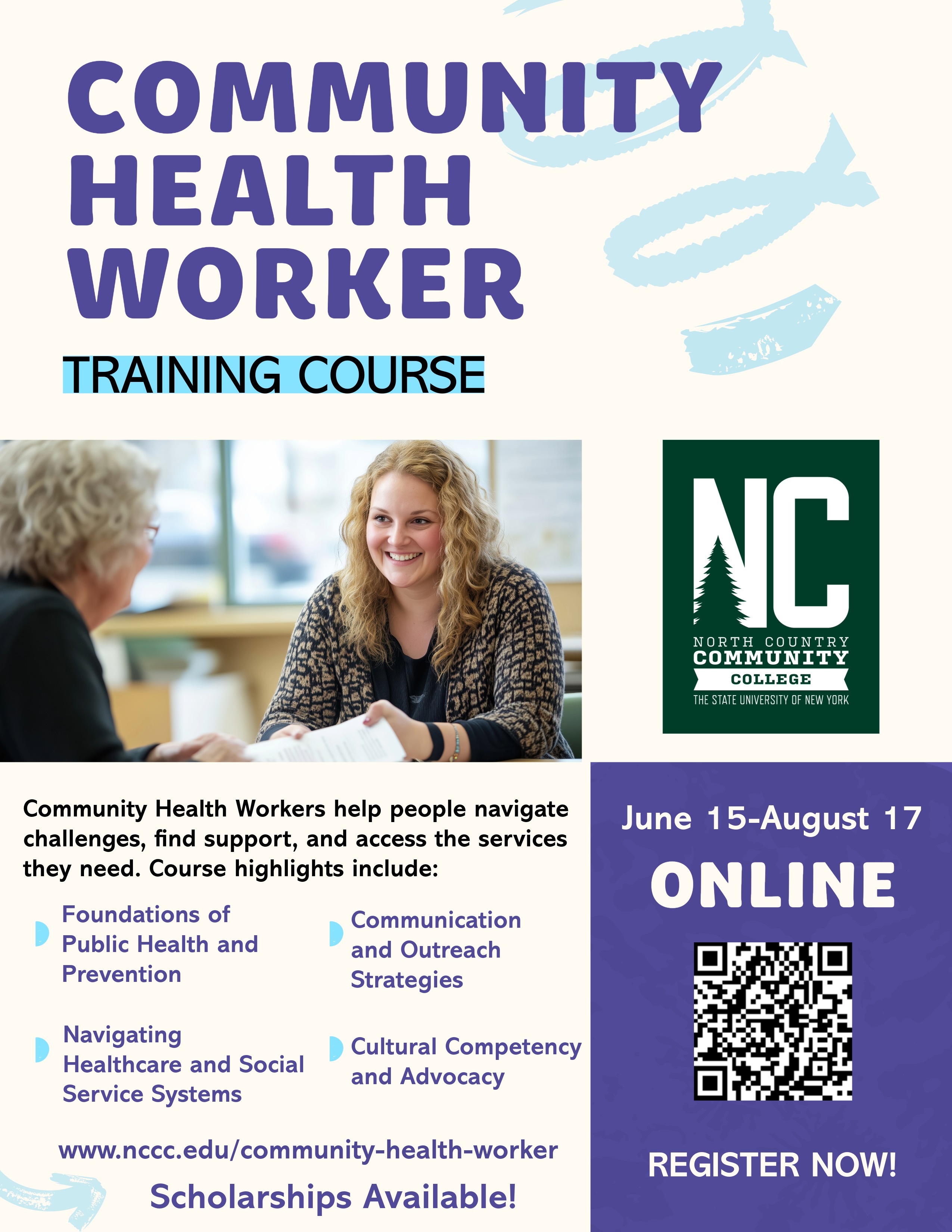 Get started now! Register for the Community Health Worker training program A flyer showing details about the Community Health Worker training program