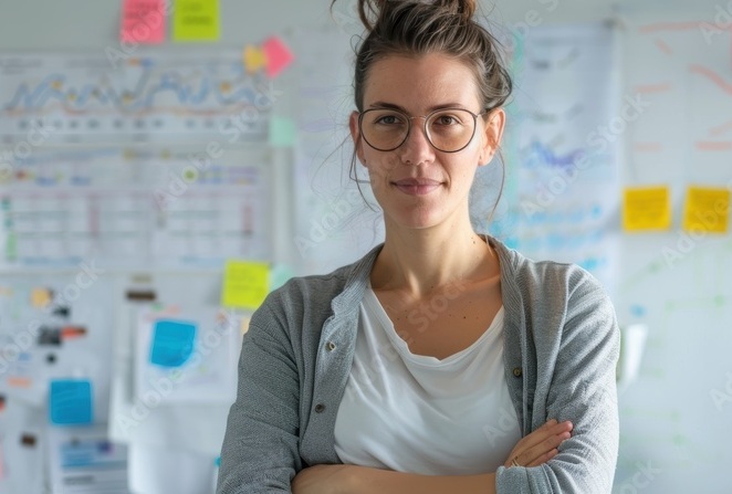 A woman stands in an office setting