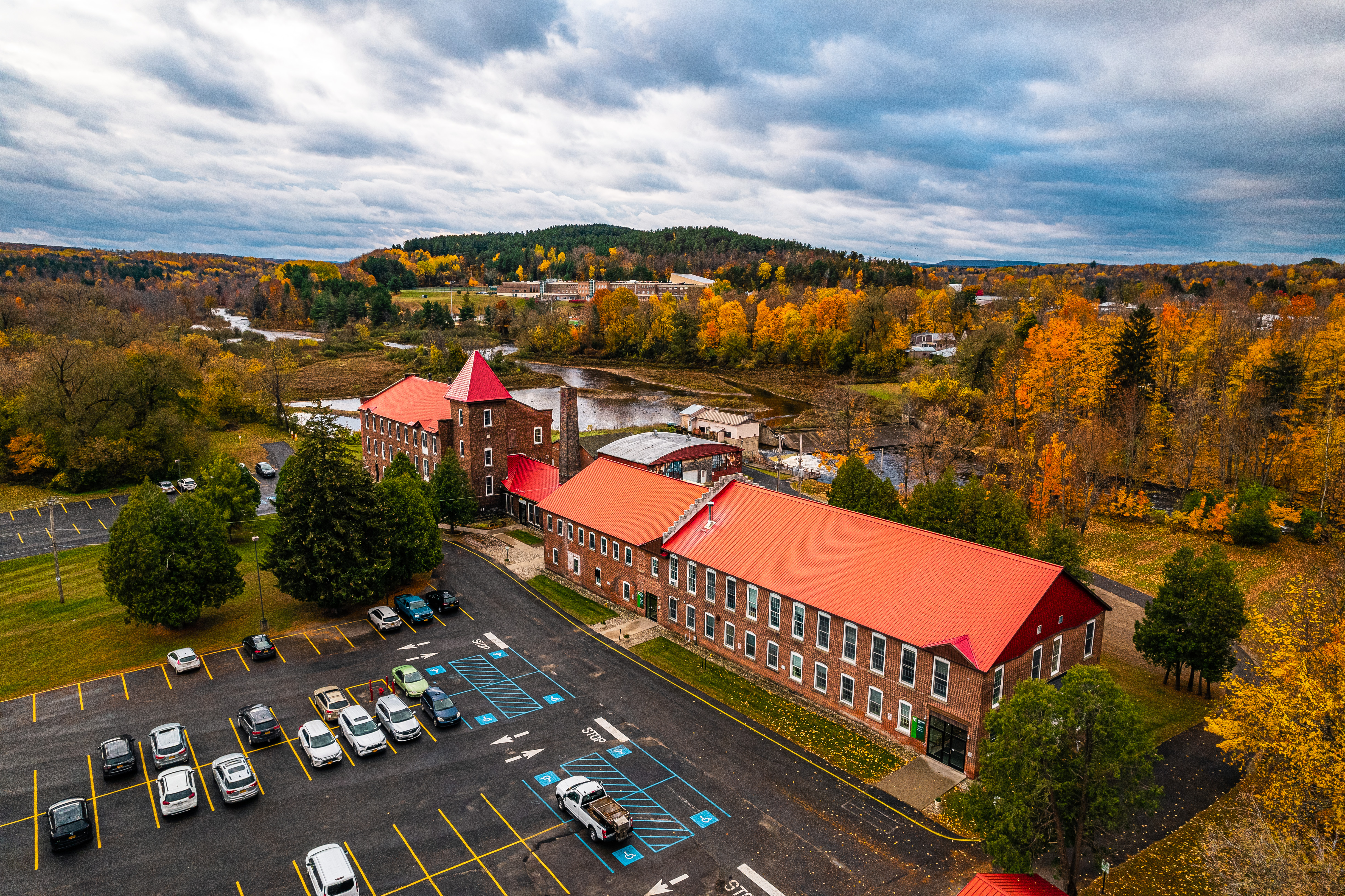An aerial image of the Malone campus in the fall