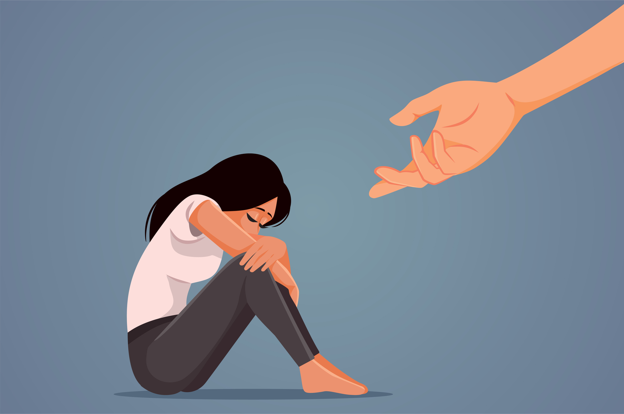 A person sits on the floor with their head in their hands as a hand reaches out to help
