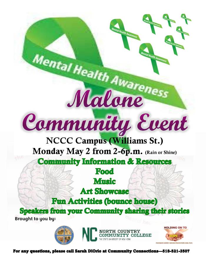 A flyer announcing the Mental Health Awareness event in Malone