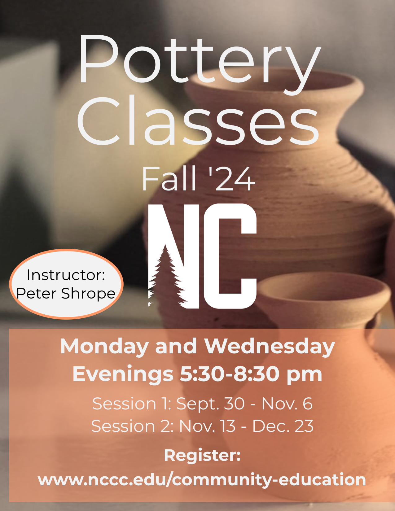 A flyer showing pottery with details about classes