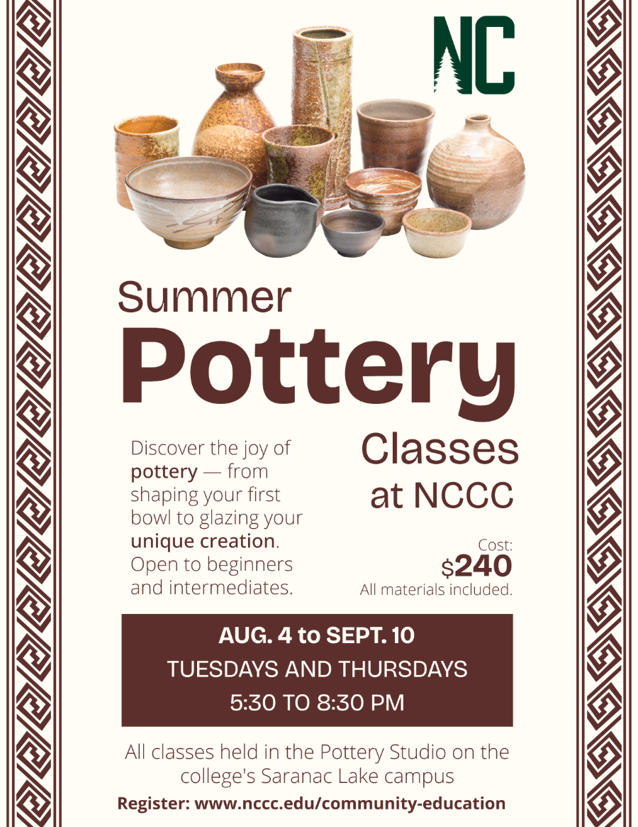 A flyer showing details of summer pottery classes at NCCC
