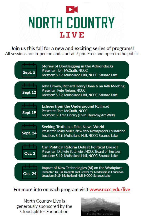 A flyer outlining the programs for the Fall 2024 series of North Country Live