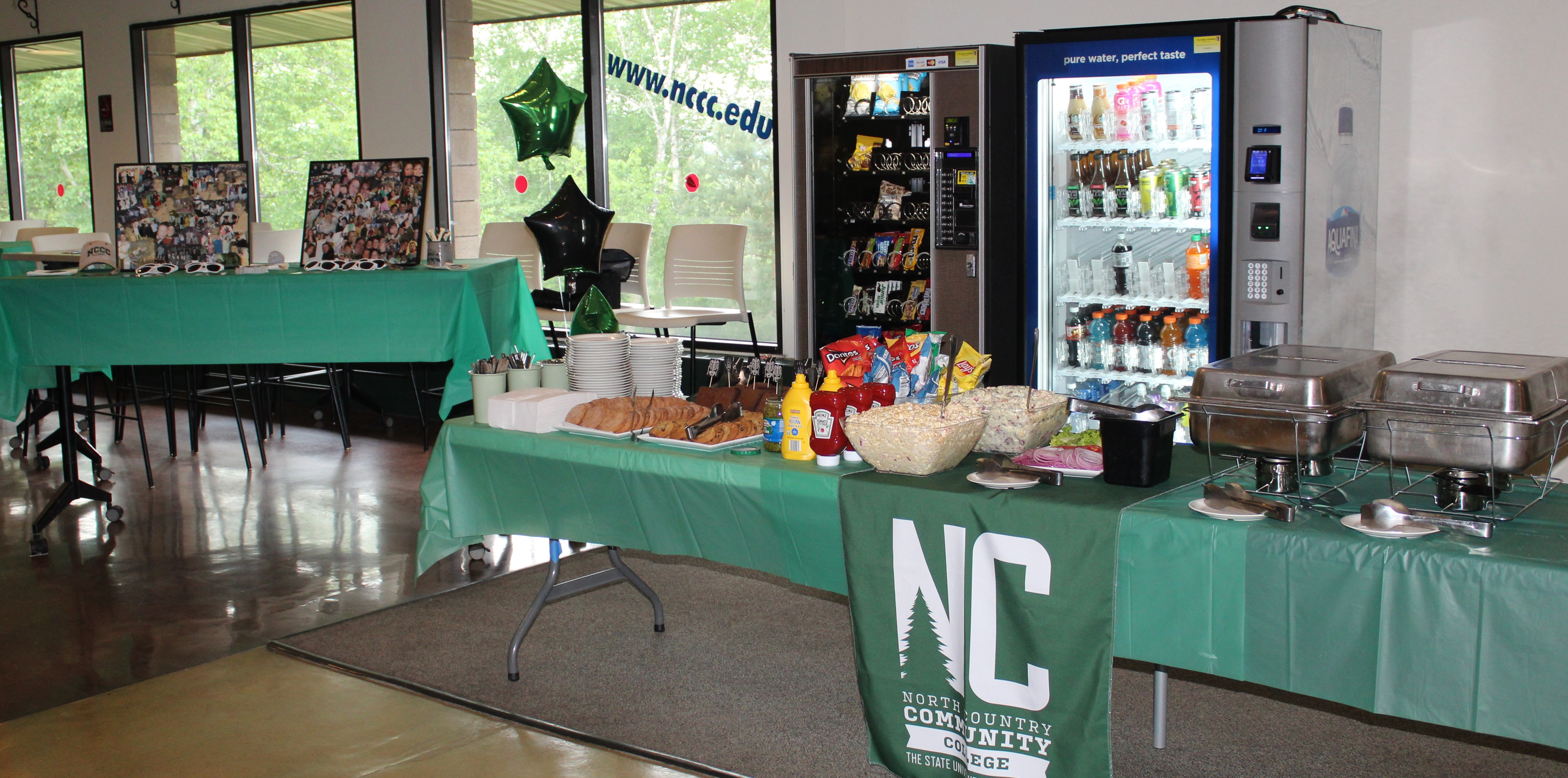 tables are set up with food in the college connector
