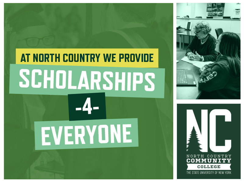 A graphic of the Scholarships-4-Everyone program with an image of students and an instructor talking at a table.
