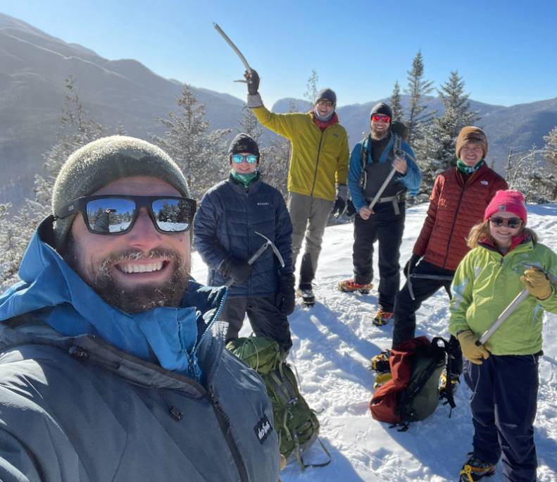 Paul Smith’s College students learn winter mountaineering skills using crampons and ice axes from instructors in North Country Community College’s Wilderness Recreation Leadership program. Left to right: Jimmy Cunningham (NCCC Wilderness Leadership Program director), Sam Metcalf (PSC/NCCC student), Will Roth (instructor), Nate Fischer (PSC/NCCC student), Jeremy Patnode (NCCC student), Abby Johnson (PSC/NCCC student).